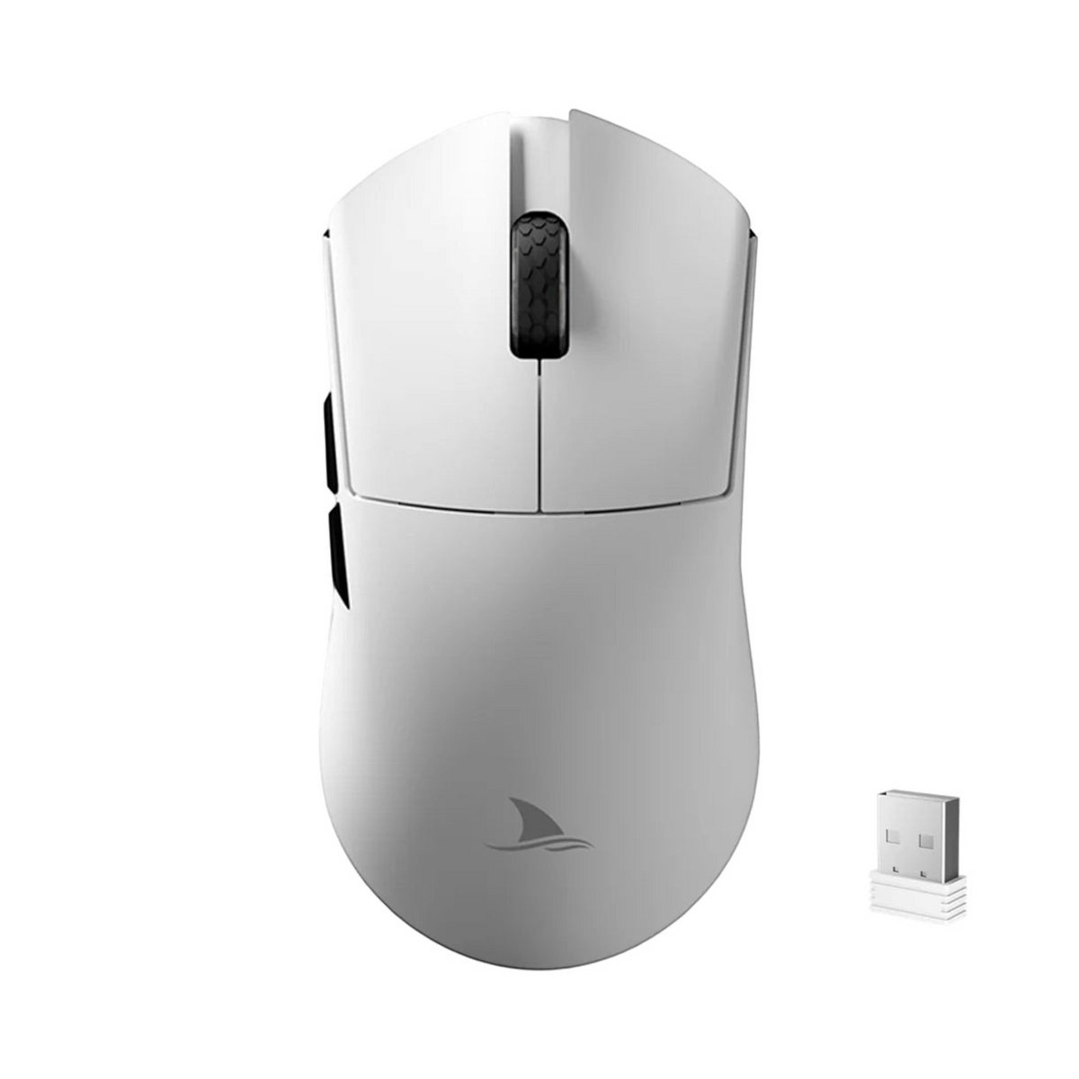 Oyuncu Baykuş Darmoshark M3V2 beyaz kablosuz 8K oyuncu faresi, üstten görünüm ve USB alıcısı ile.