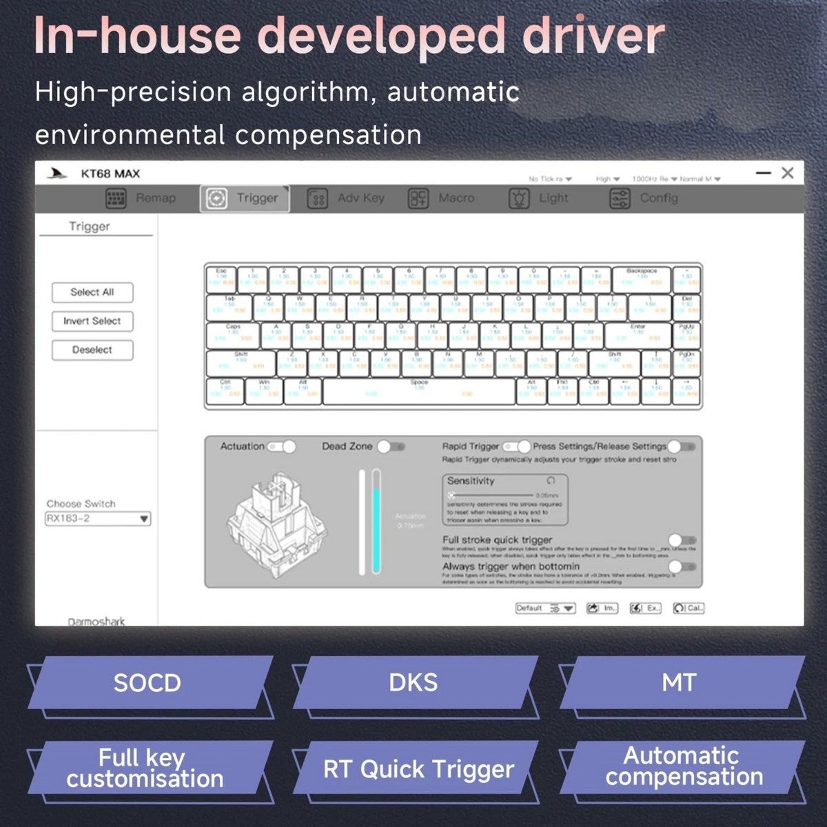 Oyuncu Baykuş Darmoshark KT68 MAX HE klavye yazılım arayüzü, tuş atama ve manyetik switch hassasiyet ayarları