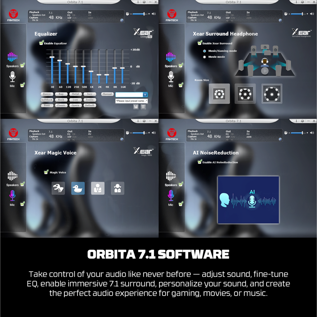 Oyuncu Baykuş Fantech Orbita kablosuz oyuncu kulaklığı için 7.1 surround ses ve ekolayzır ayar yazılımı arayüzü