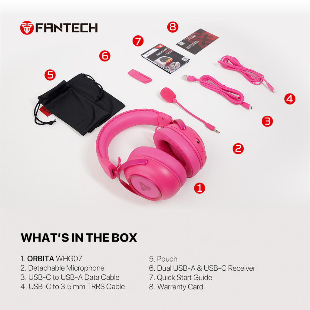 Oyuncu Baykuş Fantech Orbita pembe kablosuz oyuncu kulaklığı, çıkarılabilir mikrofon ve aksesuarlarıyla kutu içeriği