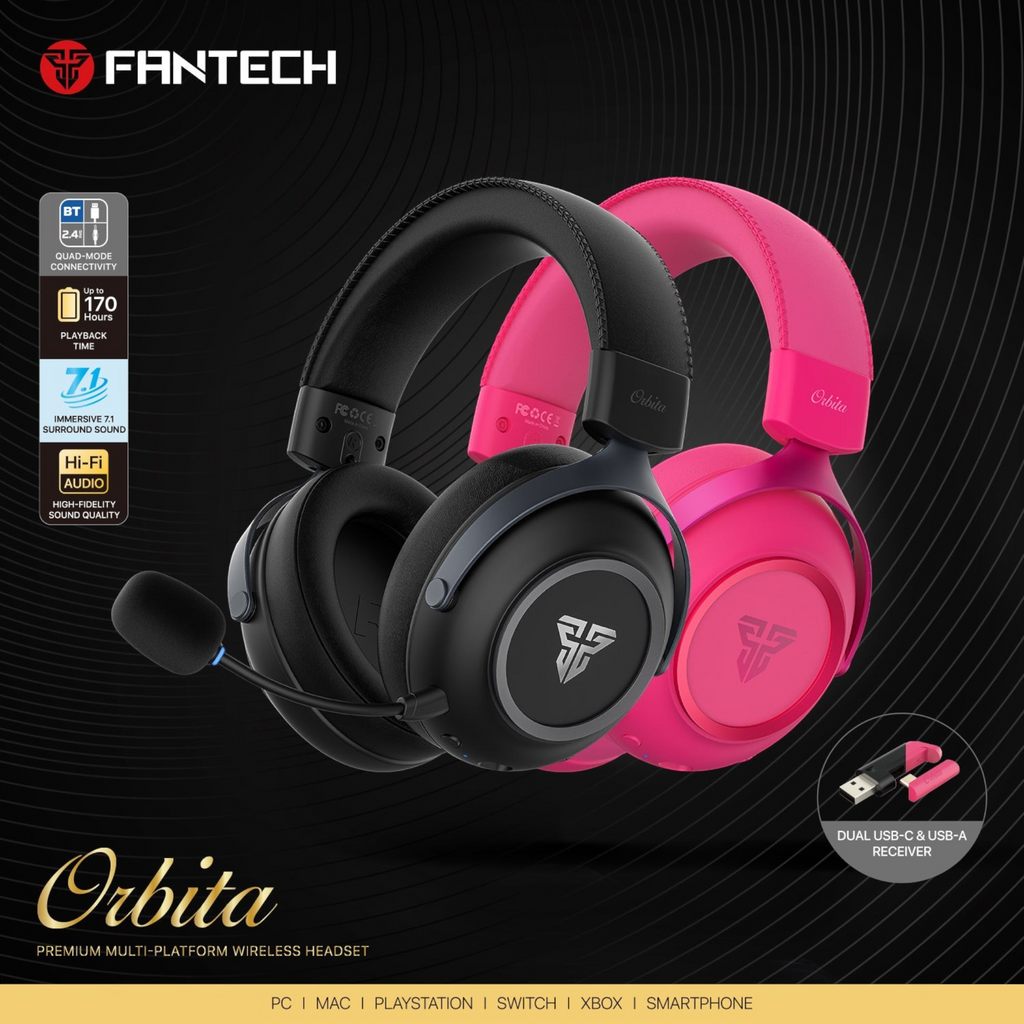 Oyuncu Baykuş Fantech Orbita siyah ve pembe renk seçenekli, 7.1 surround ses özellikli kablosuz oyuncu kulaklığı.