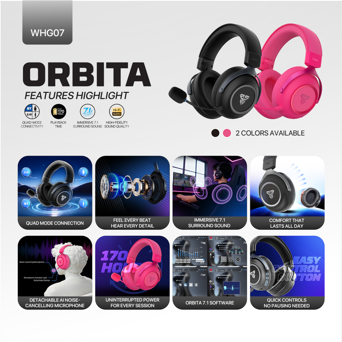 Oyuncu Baykuş Fantech Orbita siyah ve pembe renk seçenekli, 7.1 surround ses özellikli kablosuz oyuncu kulaklığı.