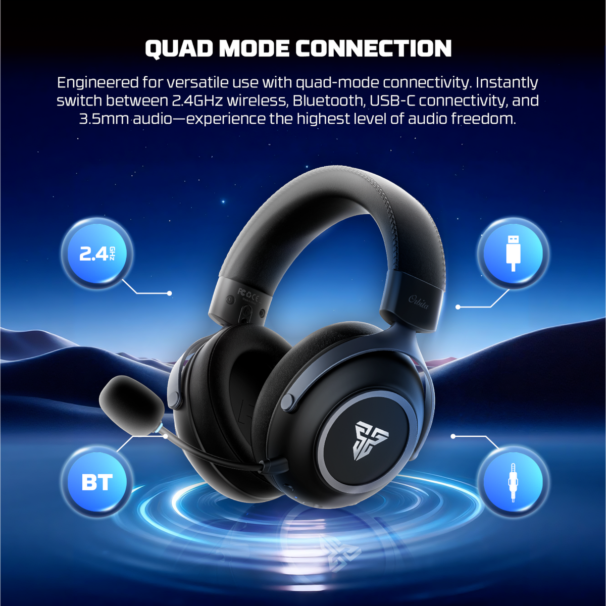 Oyuncu Baykuş Fantech Orbita siyah kablosuz gaming kulaklık, quad-mode bağlantı özellikleri ile gösteriliyor.
