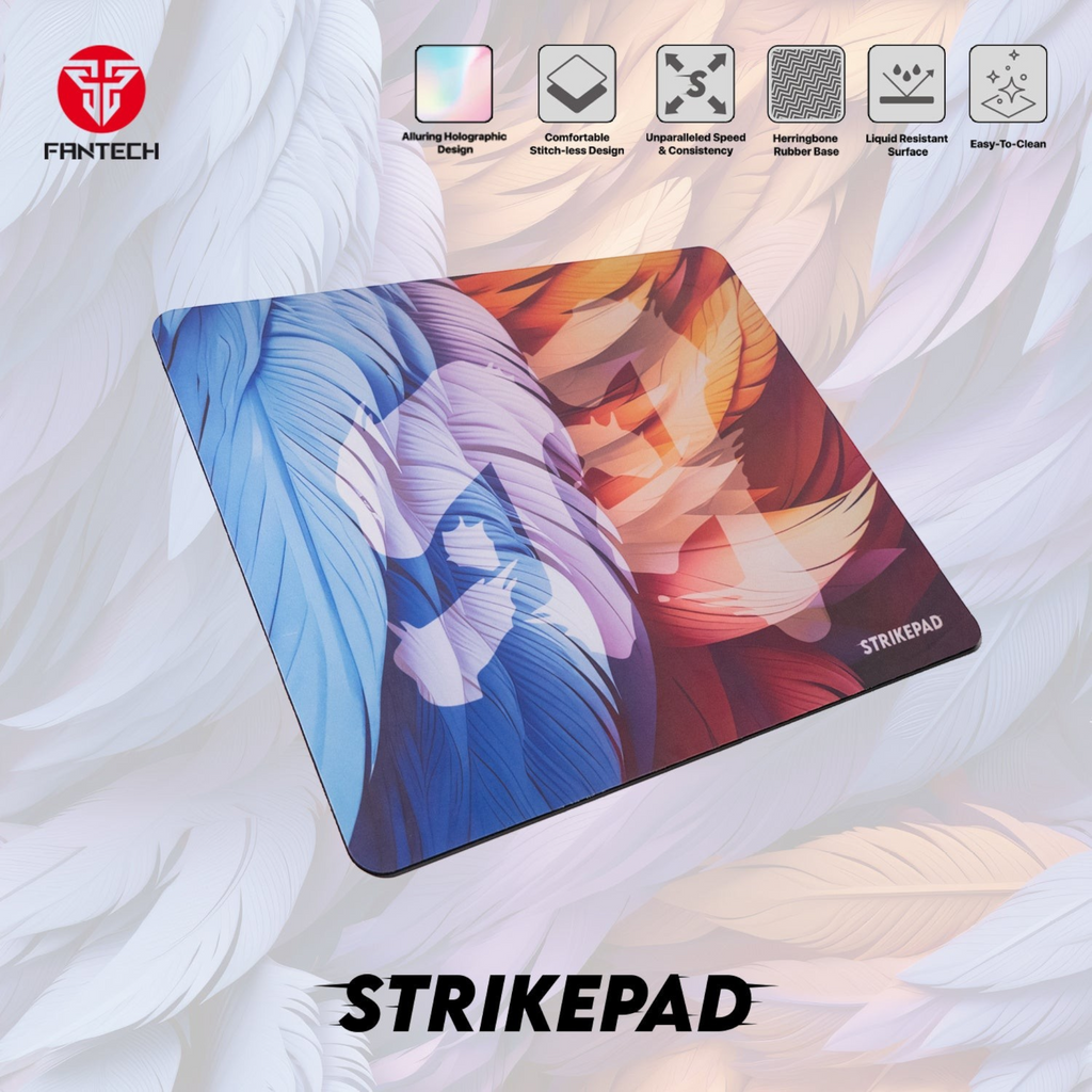 Oyuncu Baykuş Fantech Strikepad fiberglas yüzeyli, mavi ve turuncu renk geçişli, kaymaz tabanlı oyuncu mousepad'i.