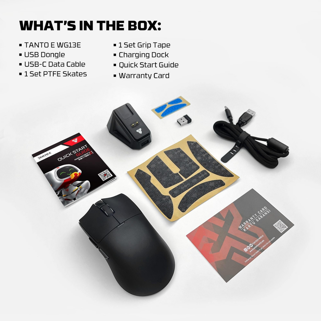 Oyuncu Baykuş Fantech Tanto E kablosuz gaming mouse, şarj istasyonu, grip tape ve aksesuarları ile kutu içeriği