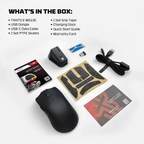 Oyuncu Baykuş Fantech Tanto E kablosuz gaming mouse, şarj istasyonu, grip tape ve aksesuarları ile kutu içeriği