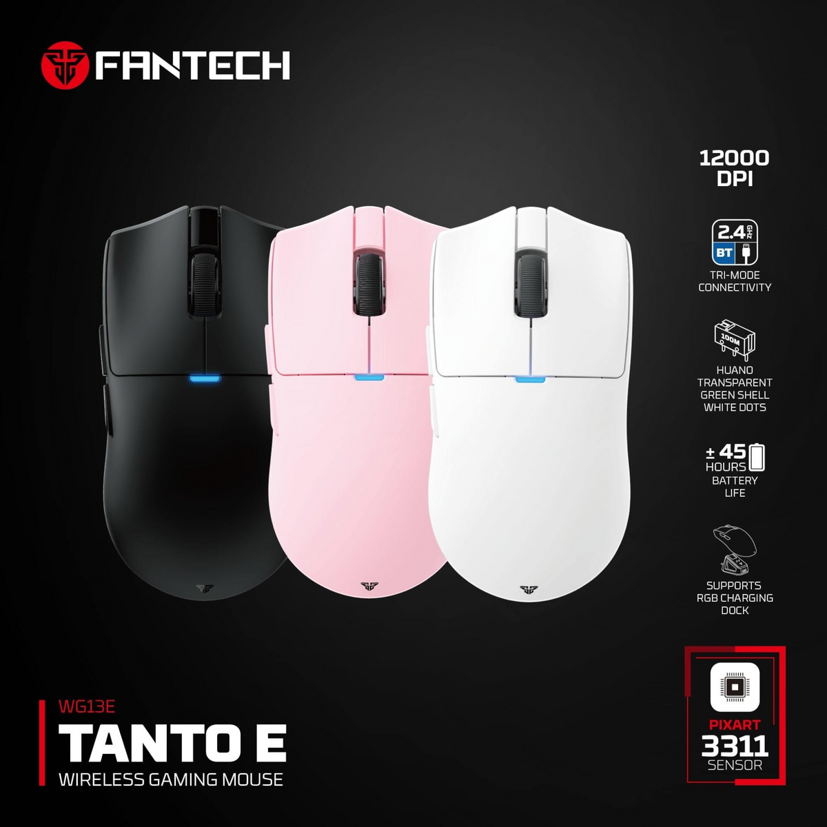 Oyuncu Baykuş Fantech Tanto E siyah, pembe ve beyaz renk seçeneklerine sahip üç modlu kablosuz oyuncu faresi
