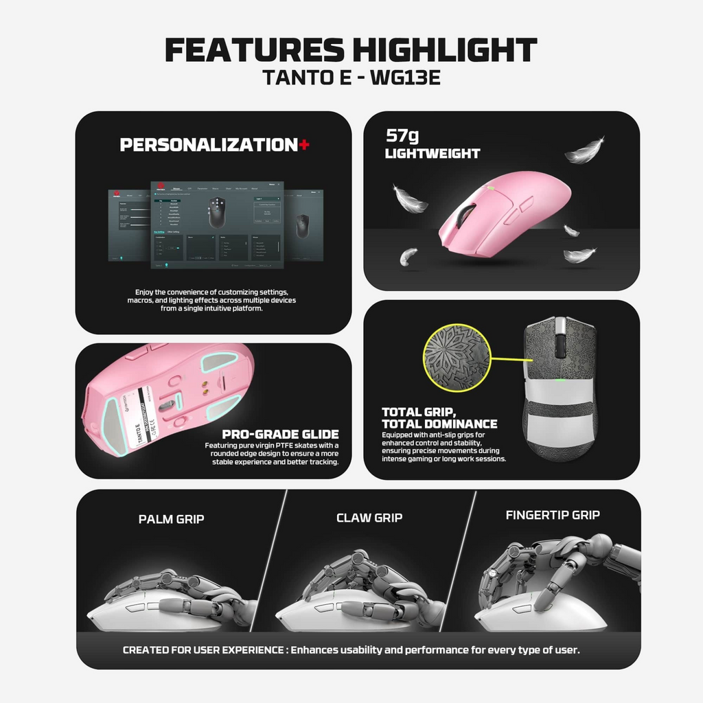 Oyuncu Baykuş Fantech Tanto E pembe kablosuz gaming mouse, hafif tasarımı, PTFE skate'leri ve farklı tutuş modları