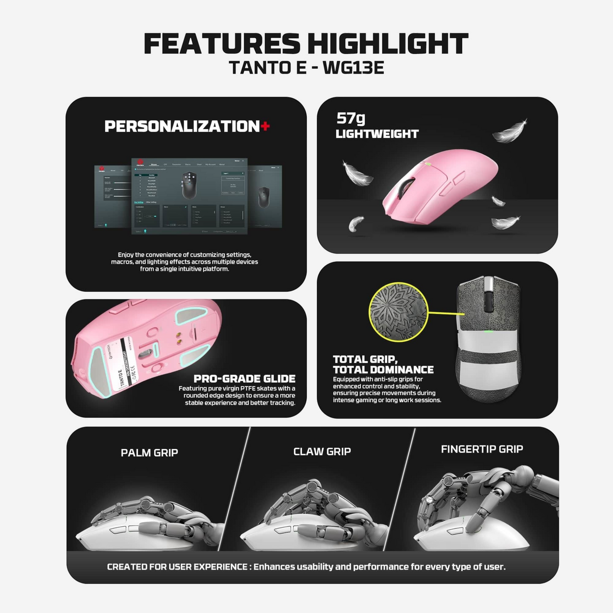 Oyuncu Baykuş Fantech Tanto E pembe kablosuz gaming mouse, hafif tasarımı, PTFE skate'leri ve farklı tutuş modları