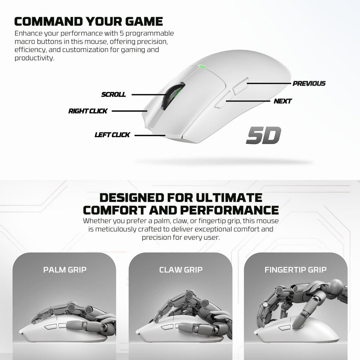 Oyuncu Baykuş Fantech Tanto E beyaz kablosuz oyuncu faresi, ergonomik tutuş şekilleri ve 5 programlanabilir tuş