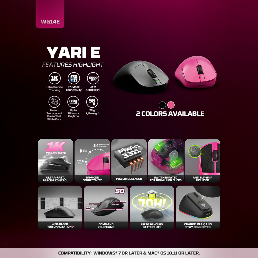 Oyuncu Baykuş Fantech Yari E siyah ve pembe renk seçeneklerine sahip 58g hafif kablosuz oyuncu mouse özellikleri