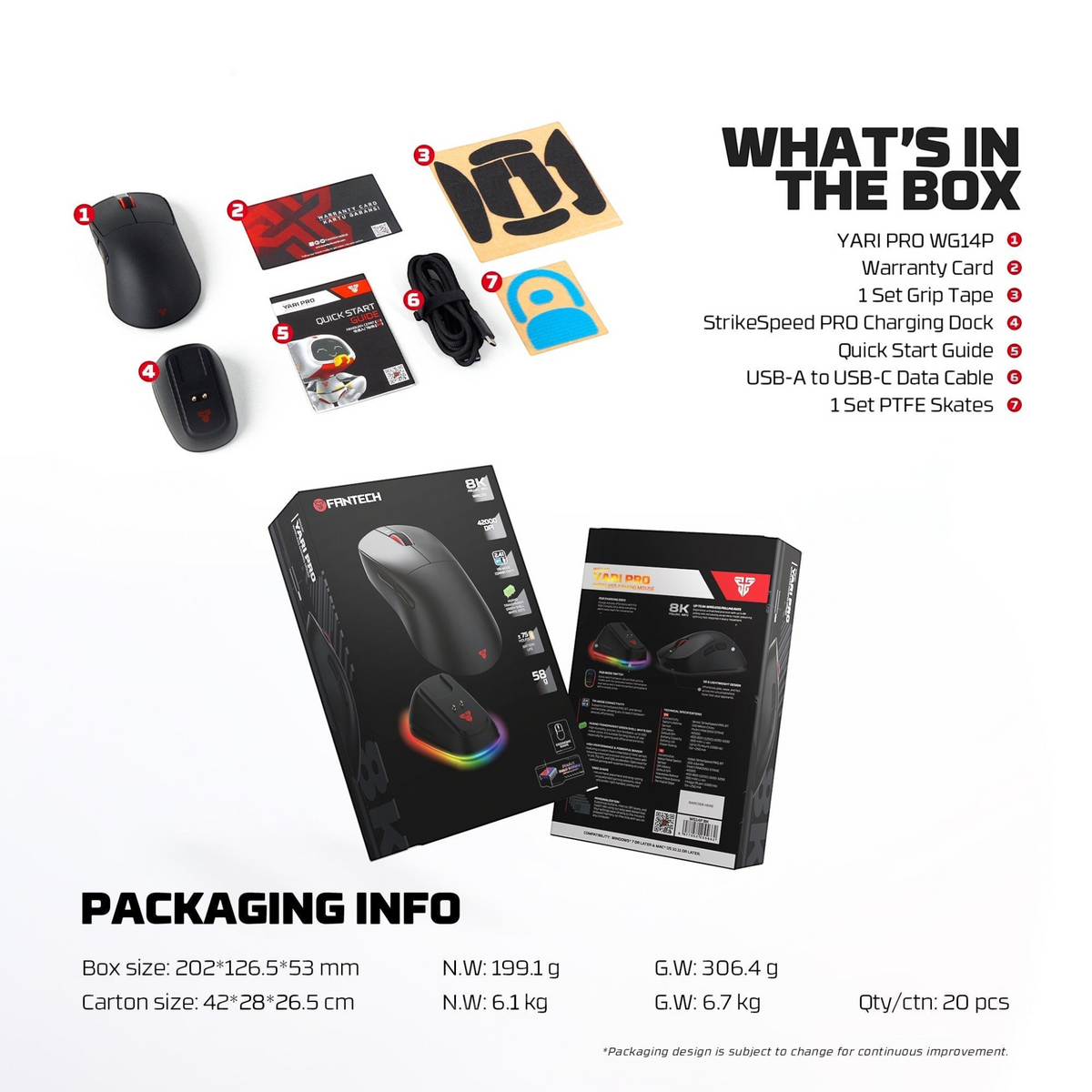Oyuncu Baykuş Fantech Yari Pro 8K kablosuz gaming mouse kutu içeriği, şarj docku, kablo ve aksesuarları