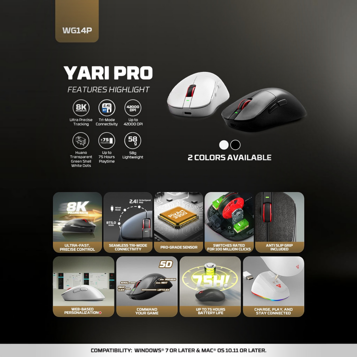 Oyuncu Baykuş Fantech Yari Pro 8K kablosuz gaming mouse, siyah ve beyaz renk seçenekleri ve teknik özellikler