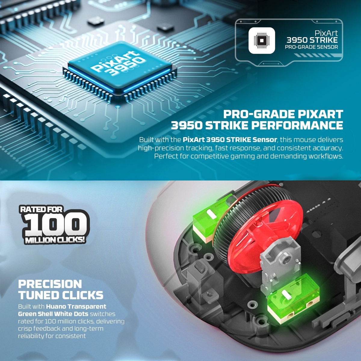 Oyuncu Baykuş Fantech Yari Pro 8K gaming mouse PixArt 3950 sensör ve Huano switch detayları