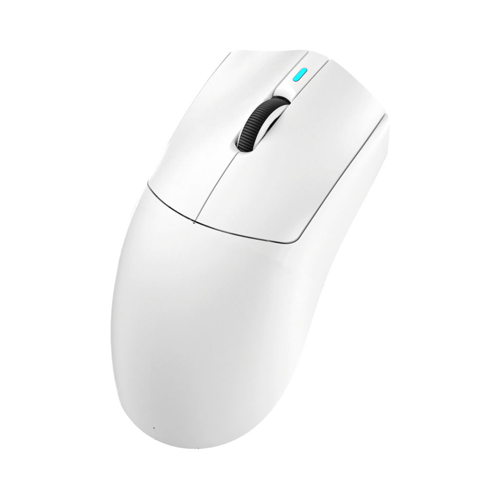 Oyuncu Baykuş Furycube G16 Pro beyaz kablosuz hafif oyuncu faresi, siyah kaydırma tekerleği ve minimalist tasarım.