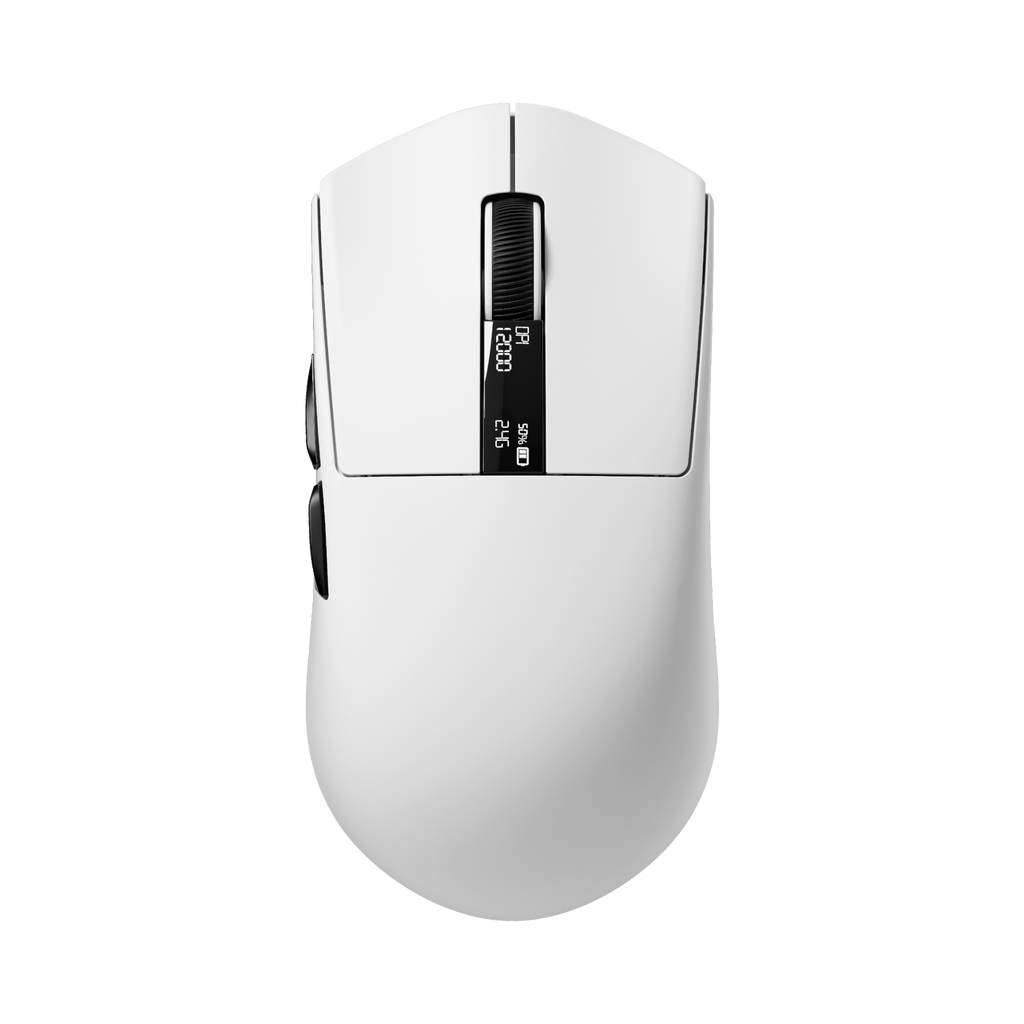Oyuncu Baykuş Furycube G9 PRO beyaz kablosuz gaming mouse, üzerinde dijital ekran bulunan hafif ergonomik tasarım
