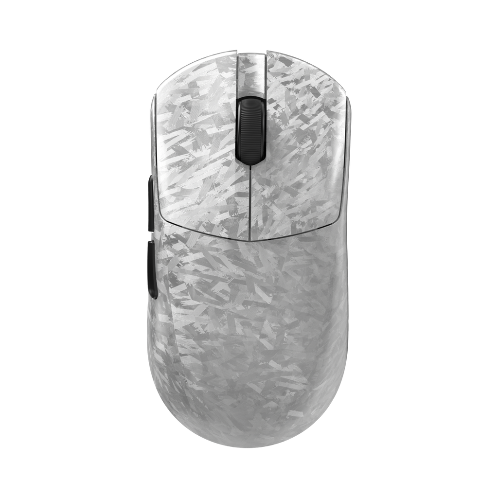 Oyuncu Baykuş Furycube F1 kablosuz gaming mouse, beyaz karbon fiber desenli hafif tasarımıyla üstten görünüm
