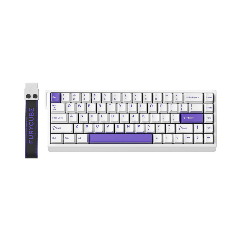 Oyuncu Baykuş Furycube M68HE 68 tuşlu, beyaz ve mor renkli, PBT tuş takımlı manyetik switchli mekanik oyuncu klavyesi.