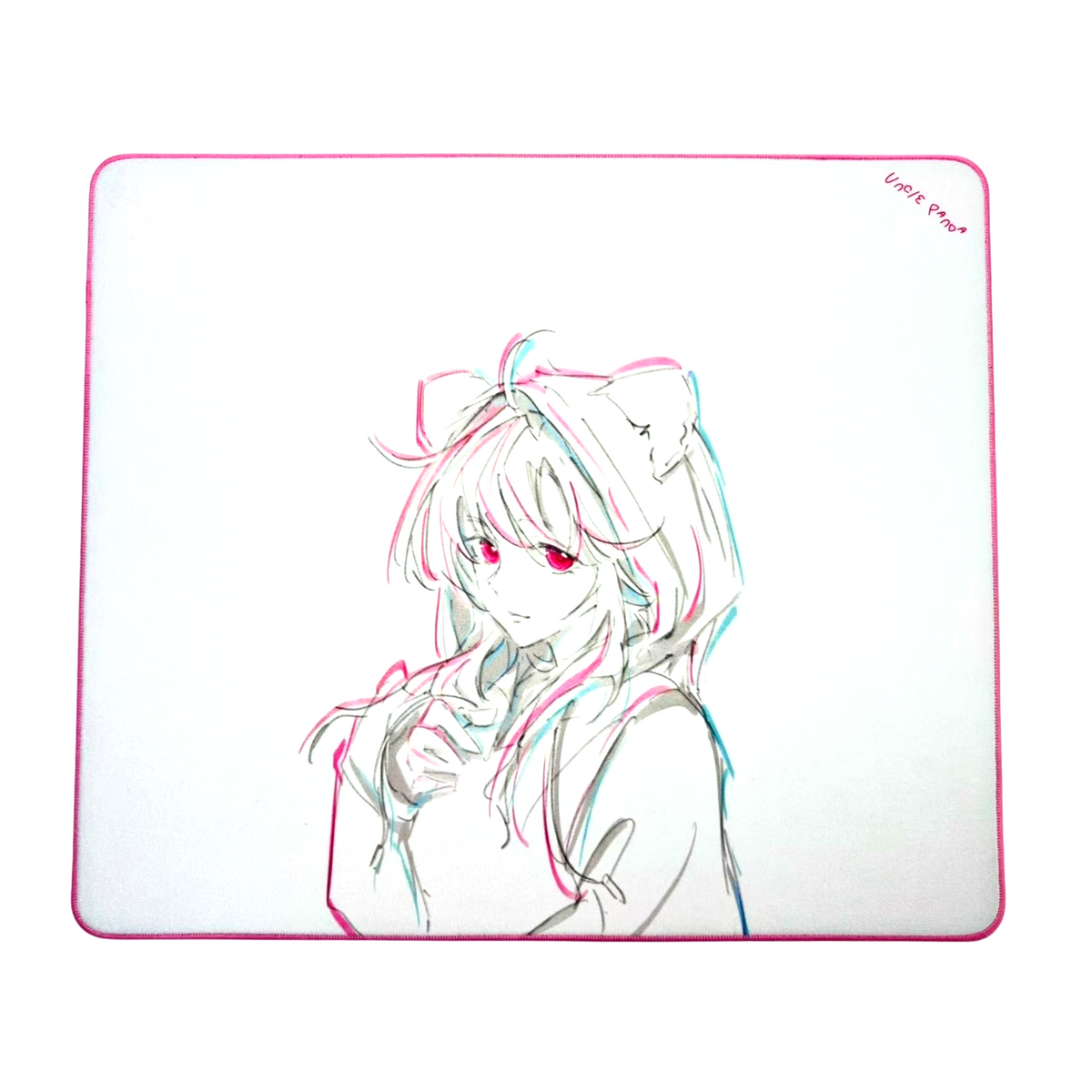 Oyuncu Baykuş Uncle Panda anime tasarımlı, pembe kenar dikişli, kaymaz tabanlı beyaz oyuncu mouse pad