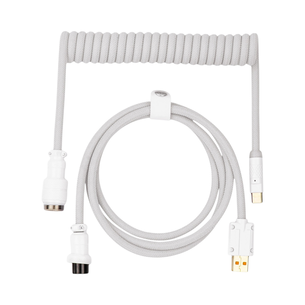 Oyuncu Baykuş beyaz örgülü sarmal mekanik klavye kablosu, havacılık sınıfı metal konnektörlü ve USB-C girişli.