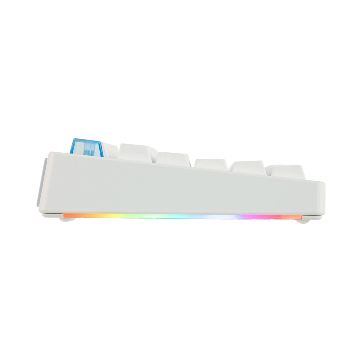 Oyuncu Baykuş Epomaker HE108 beyaz mekanik oyuncu klavyesi, yan profilden RGB aydınlatmalı ve PBT tuş takımlı görünüm