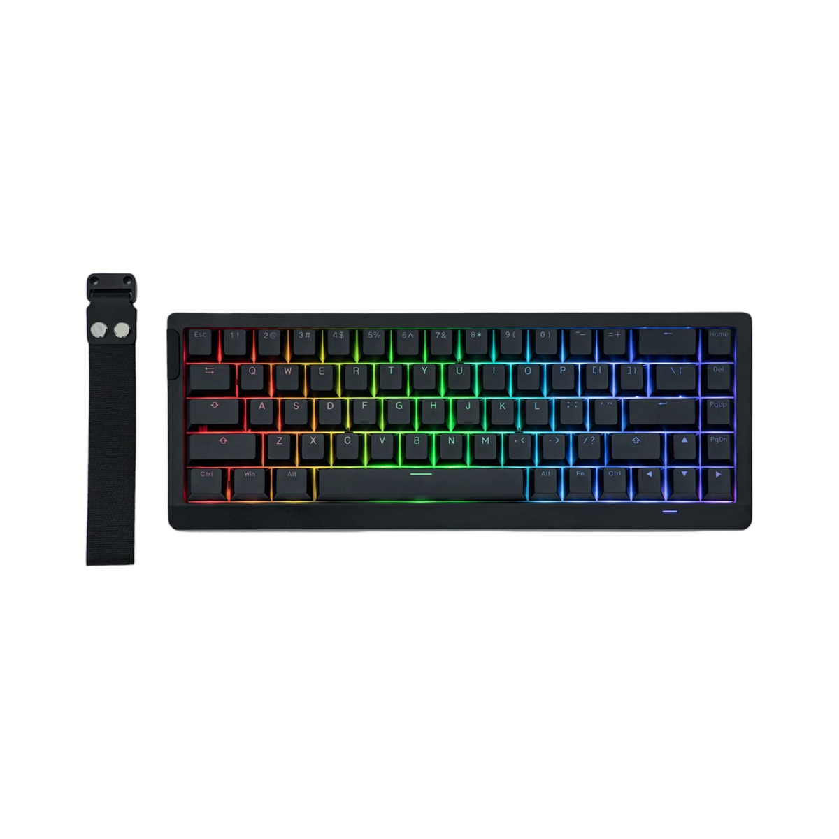 Oyuncu Baykuş EPOMAKER HE68 Lite siyah 65% kompakt mekanik oyuncu klavyesi, canlı RGB aydınlatma ve taşıma askısı ile.