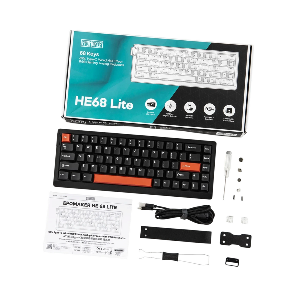 Oyuncu Baykuş Epomaker HE68 Lite siyah 65% mekanik oyuncu klavyesi, kutu içeriği, aksesuarlar ve RGB aydınlatma