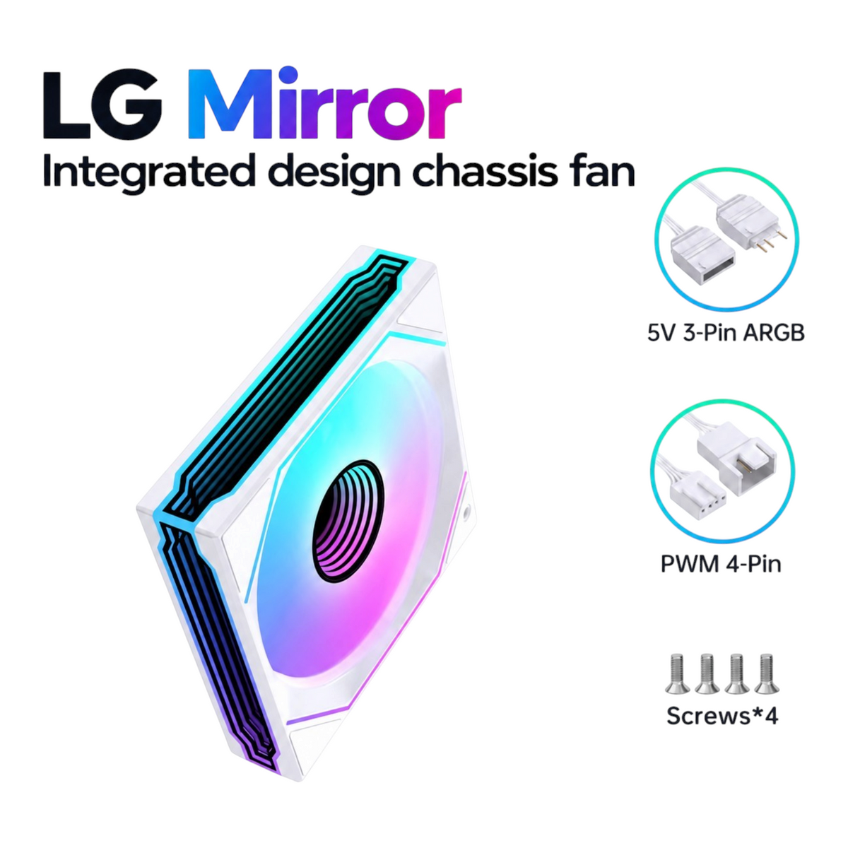 Oyuncu Baykuş Lovingcool LG 120mm beyaz ARGB aynalı kasa fanı, PWM bağlantısı ve montaj vidaları ile birlikte.