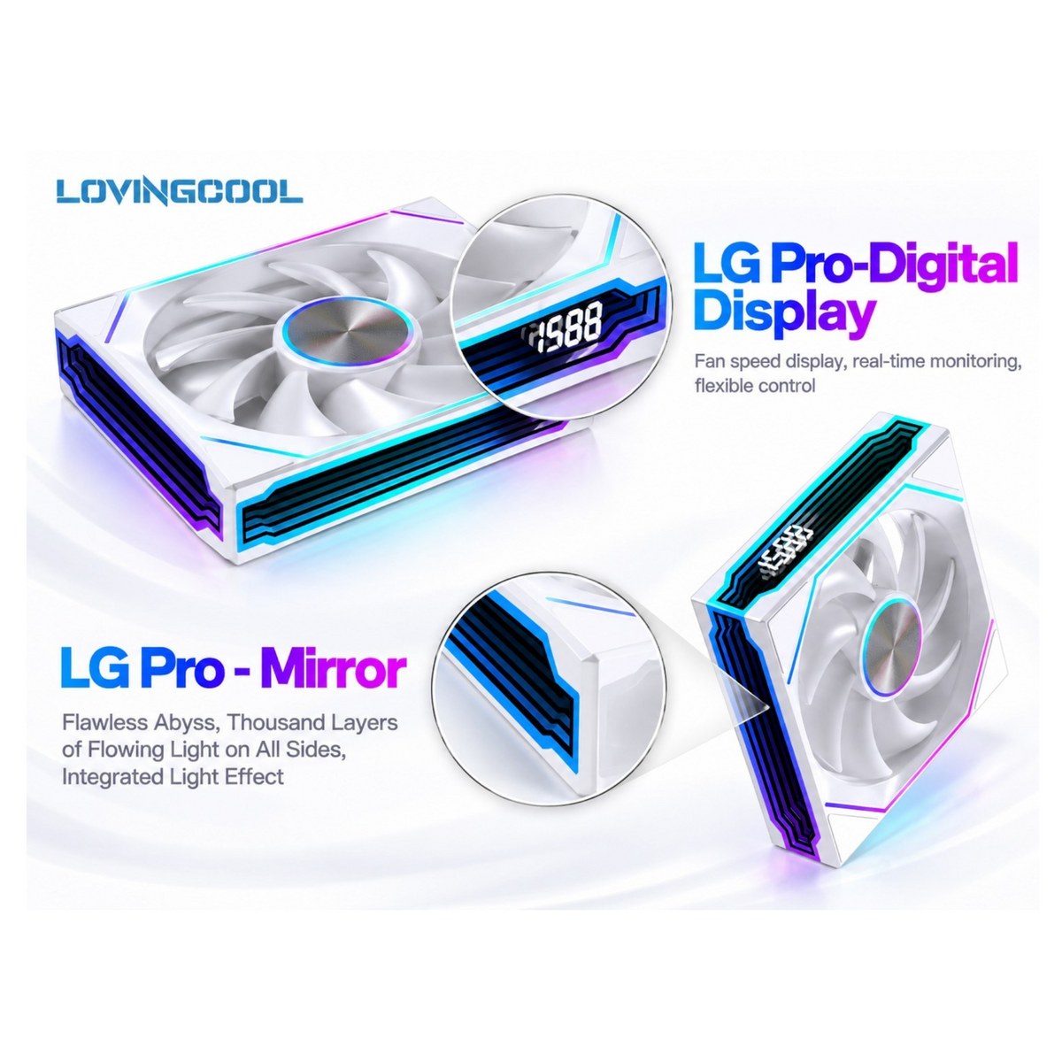 Oyuncu Baykuş Lovingcool LG PRO 120mm beyaz kasa fanı, dijital ekranlı ve RGB aydınlatmalı bilgisayar soğutucusu