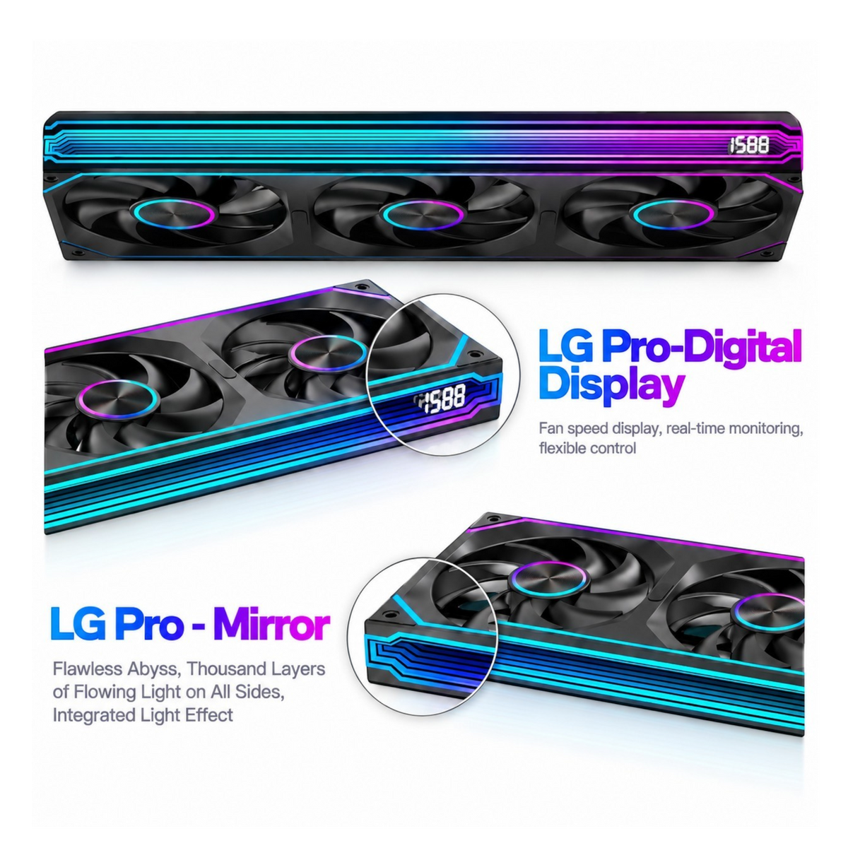 Oyuncu Baykuş Lovingcool LG Pro 360mm dijital ekranlı ve RGB aydınlatmalı siyah kasa fanı seti