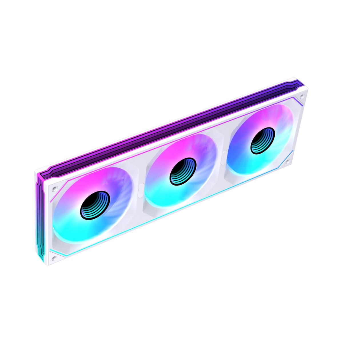 Oyuncu Baykuş LOVINGCOOL LG Pro beyaz üçlü entegre kasa fanı, canlı RGB aydınlatmalı ve modern tasarımlı
