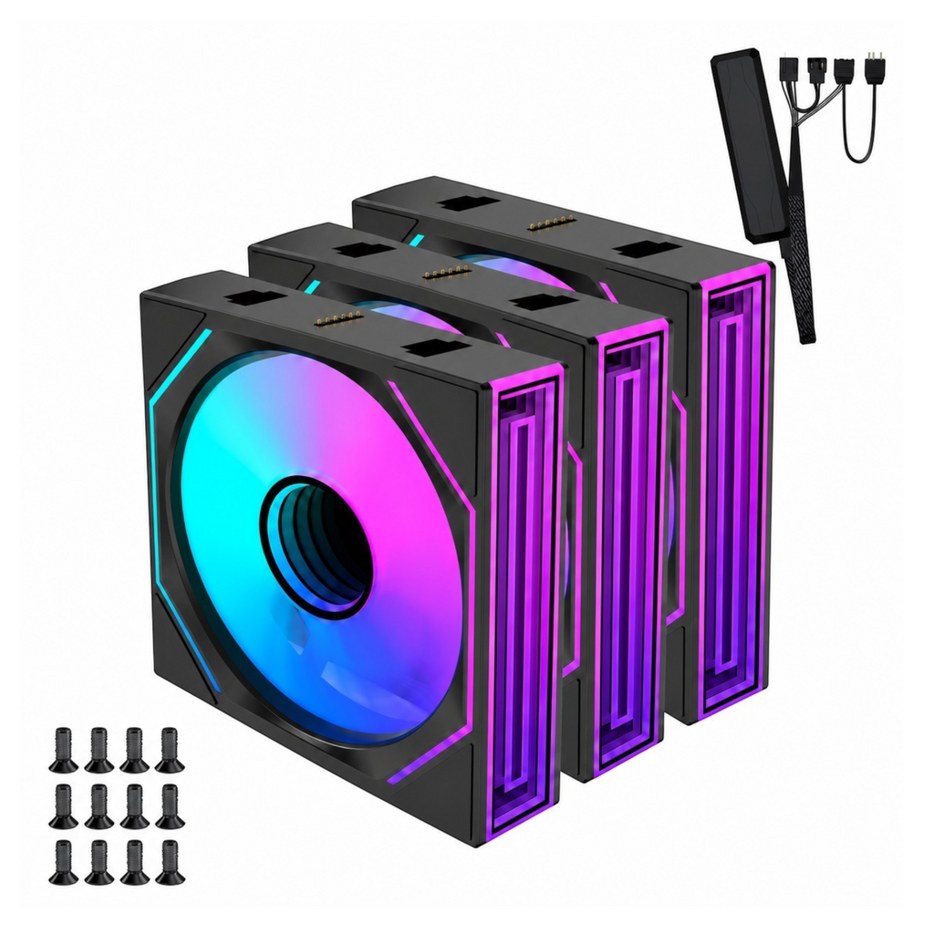 Oyuncu Baykuş LOVINGCOOL birbirine bağlanabilir siyah 120mm RGB bilgisayar kasa fanı seti ve montaj vidaları