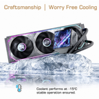 Oyuncu Baykuş Lovingcool SC60 ARGB 360mm sıvı soğutma sistemi, buz üzerinde sergilenen ekranlı işlemci bloğu ile.