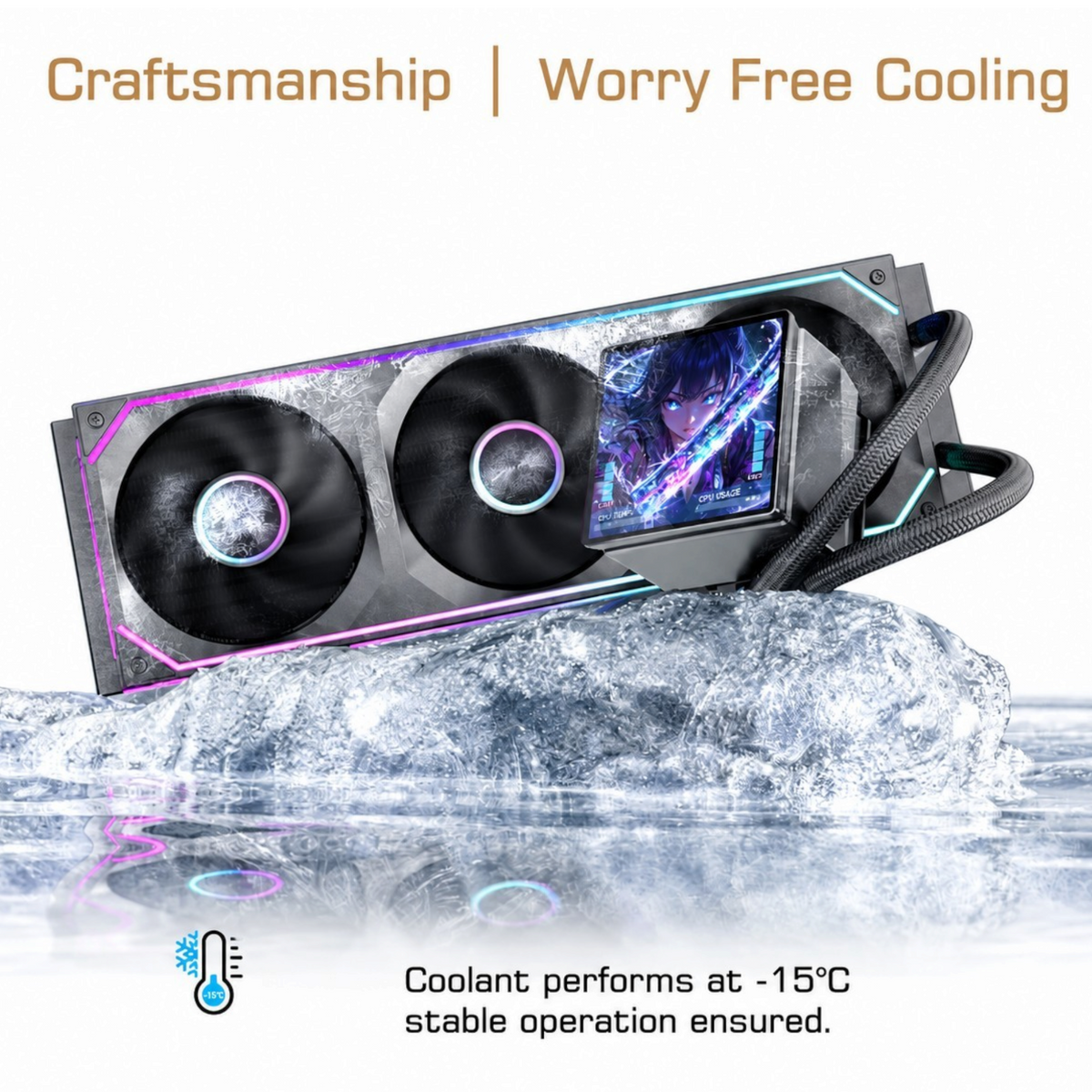Oyuncu Baykuş Lovingcool SC60 ARGB 360mm sıvı soğutma sistemi, buz üzerinde sergilenen ekranlı işlemci bloğu ile.