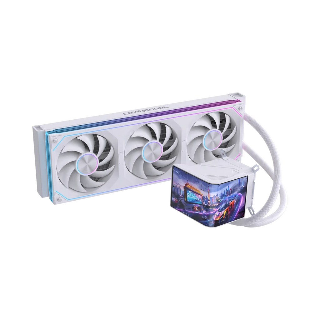 Oyuncu Baykuş Lovingcool SC70 360mm beyaz sıvı soğutma sistemi, ARGB fanlar ve OLED ekranlı pompa bloğu