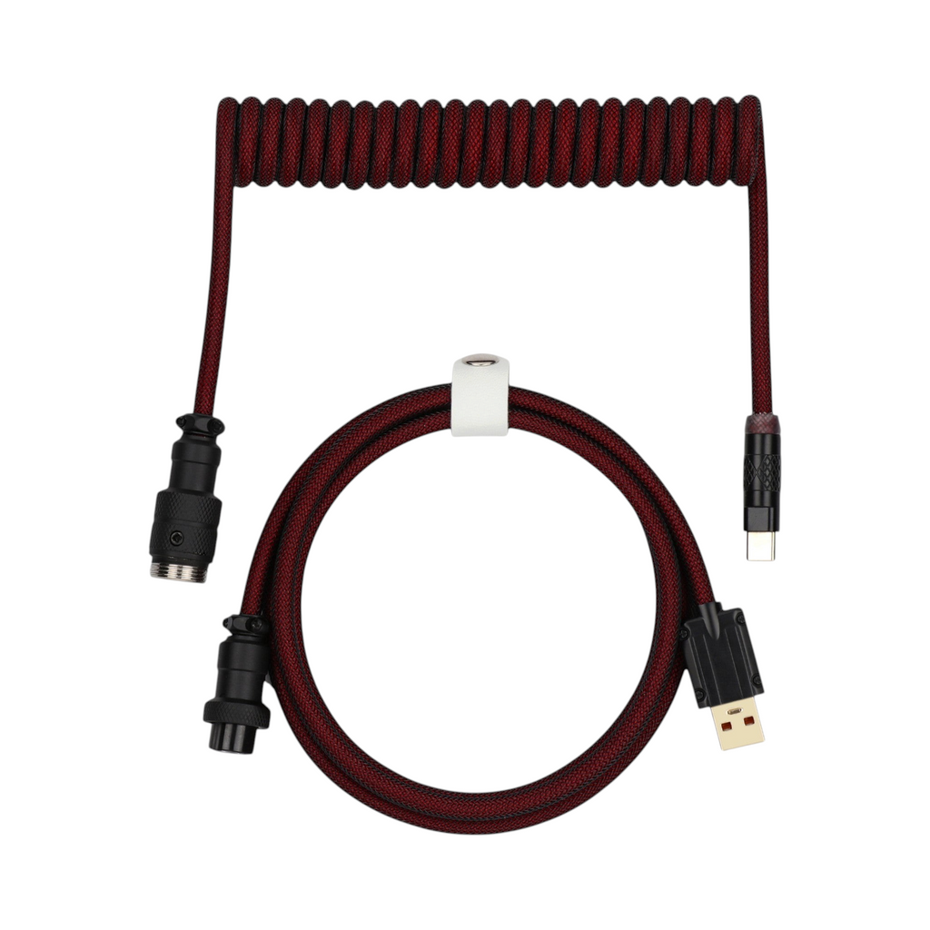 Oyuncu Baykuş siyah ve kırmızı örgülü sarmal mekanik klavye kablosu, havacılık tipi metal konnektörlü USB-C kablo.