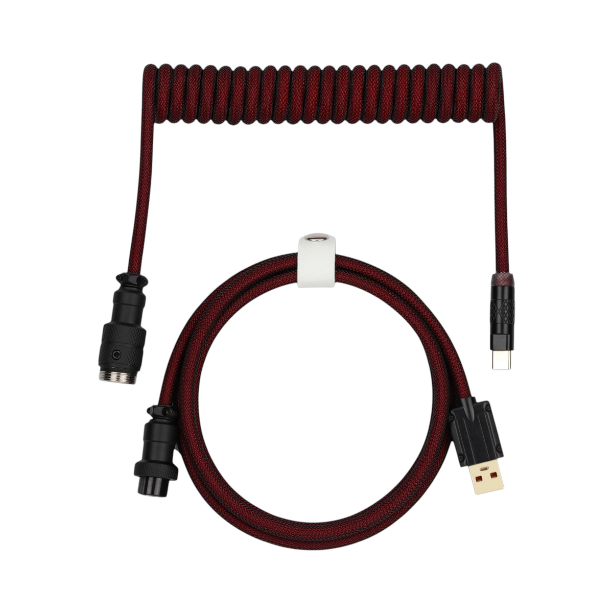 Oyuncu Baykuş siyah ve kırmızı örgülü sarmal mekanik klavye kablosu, havacılık tipi metal konnektörlü USB-C kablo.