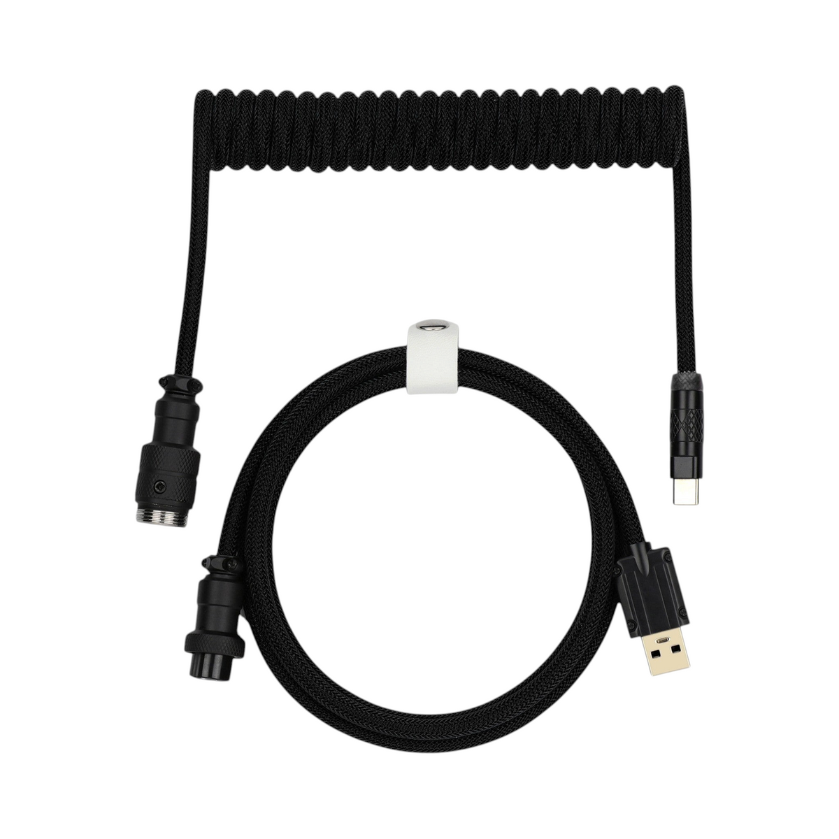 Oyuncu Baykuş siyah örgülü sarmal mekanik klavye kablosu, havacılık sınıfı metal konnektörlü ve USB-C bağlantılı.