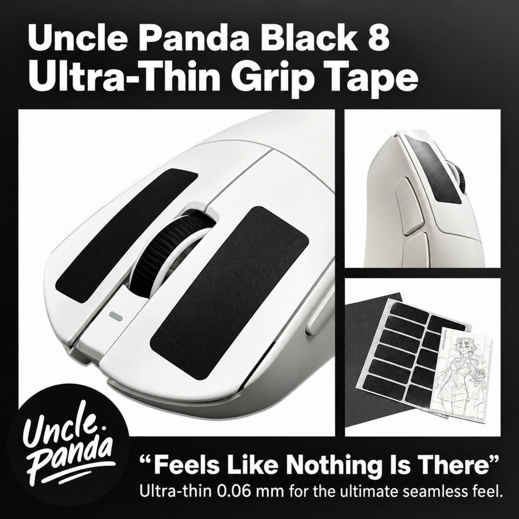Oyuncu Baykuş Uncle Panda Black 8 ultra ince siyah oyuncu faresi kavrama bandı, beyaz fare üzerinde uygulanmış