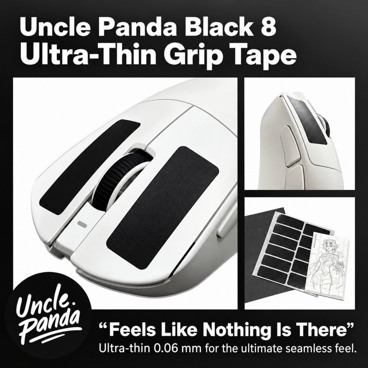 Oyuncu Baykuş Uncle Panda Black 8 ultra ince siyah oyuncu faresi kavrama bandı, beyaz fare üzerinde uygulanmış
