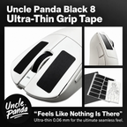 Oyuncu Baykuş Uncle Panda Black 8 ultra ince siyah oyuncu faresi kavrama bandı, beyaz fare üzerinde uygulanmış