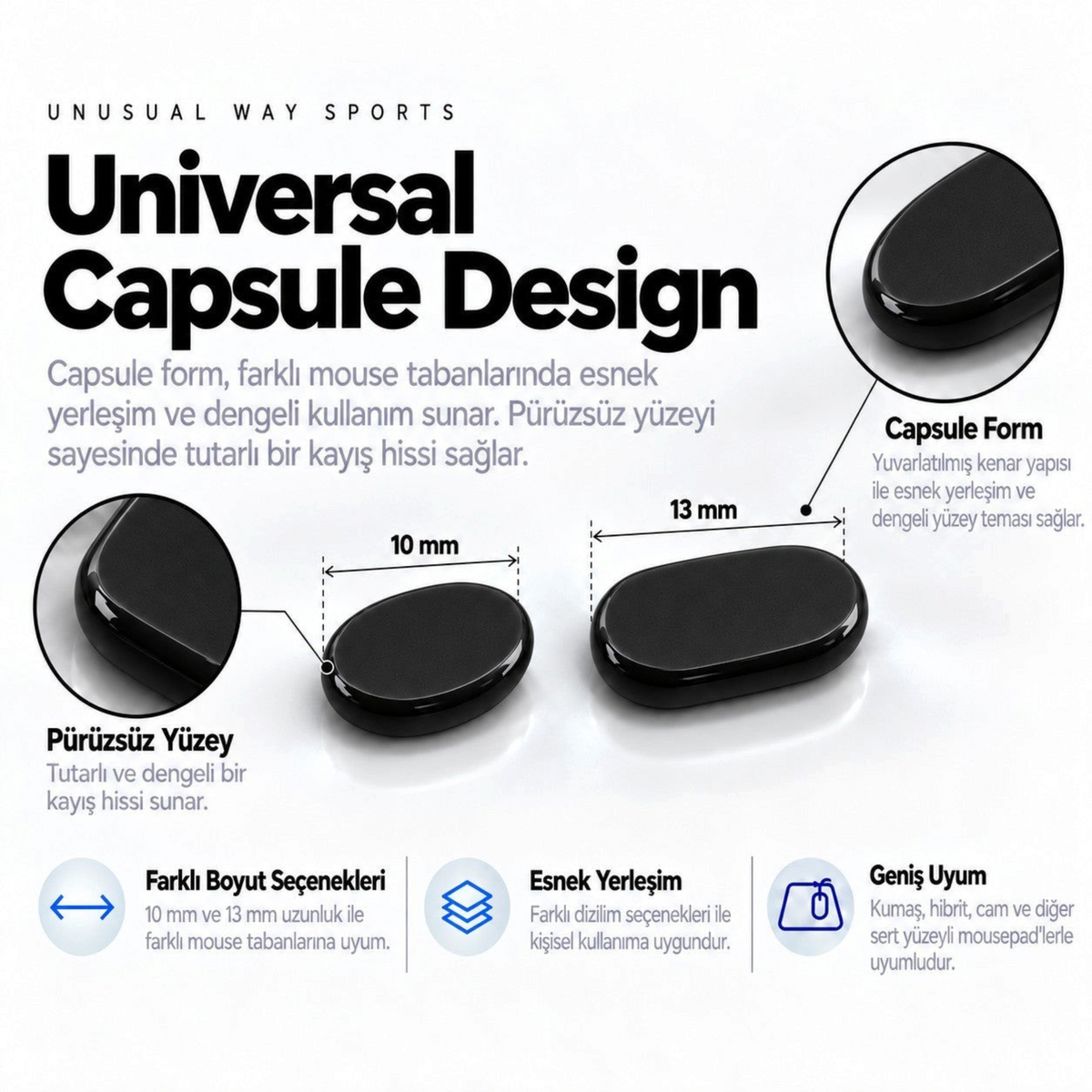 Oyuncu Baykuş Unusual Way Sports Capsule evrensel mouse skate seti, 10mm ve 13mm boyut seçenekleriyle pürüzsüz yüzeyli