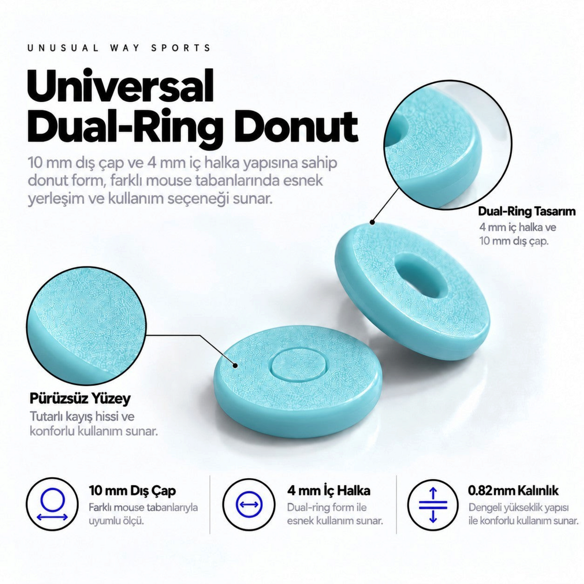 Oyuncu Baykuş Unusual Way Sports cyan renkli, 10 mm dış çaplı, pürüzsüz yüzeyli evrensel donut mouse skate seti