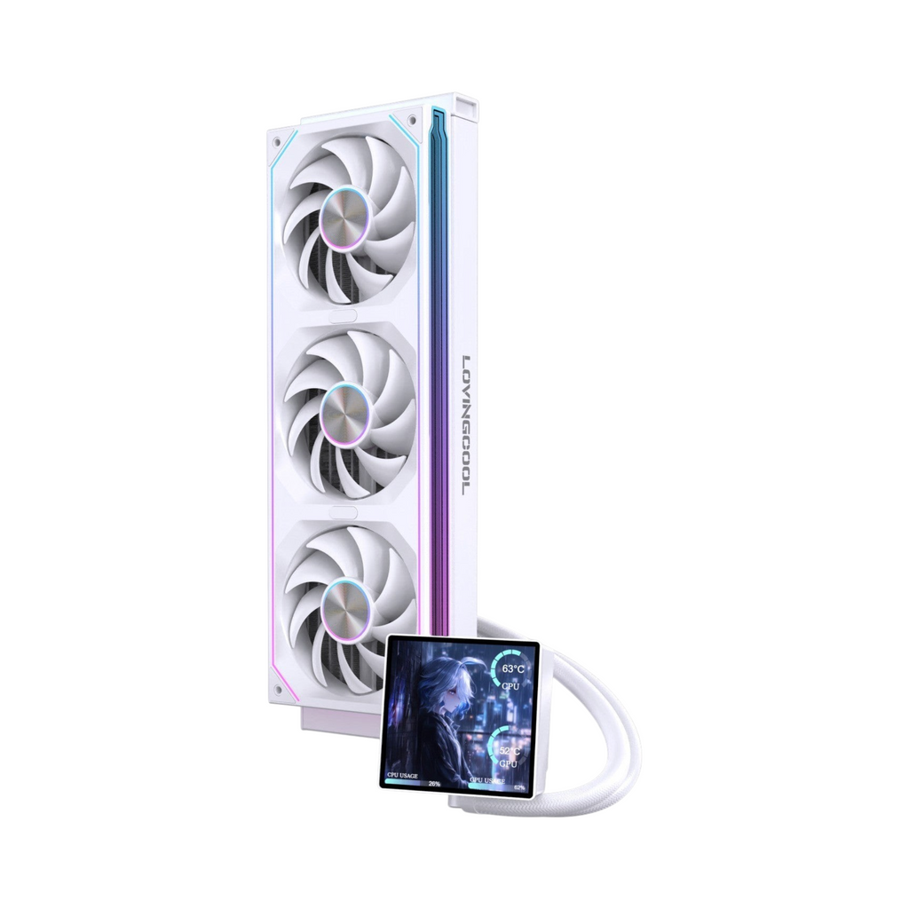 Oyuncu Baykuş LOVINGCOOL 360mm beyaz sıvı soğutma sistemi, dijital ekranlı pompa bloğu ve RGB aydınlatmalı fanlar