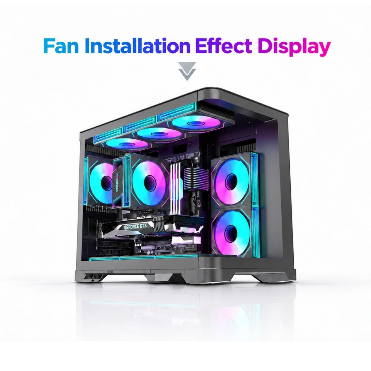 Oyuncu Baykuş LOVINGCOOL RGB aydınlatmalı modüler bilgisayar kasa fanları, şık siyah PC kasası içinde kurulu halde.