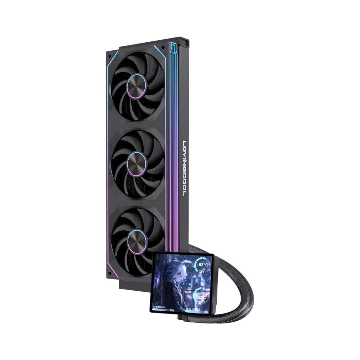 Oyuncu Baykuş LOVINGCOOL 360mm dijital ekranlı siyah sıvı soğutma sistemi, RGB aydınlatmalı fanlar ve pompa bloğu
