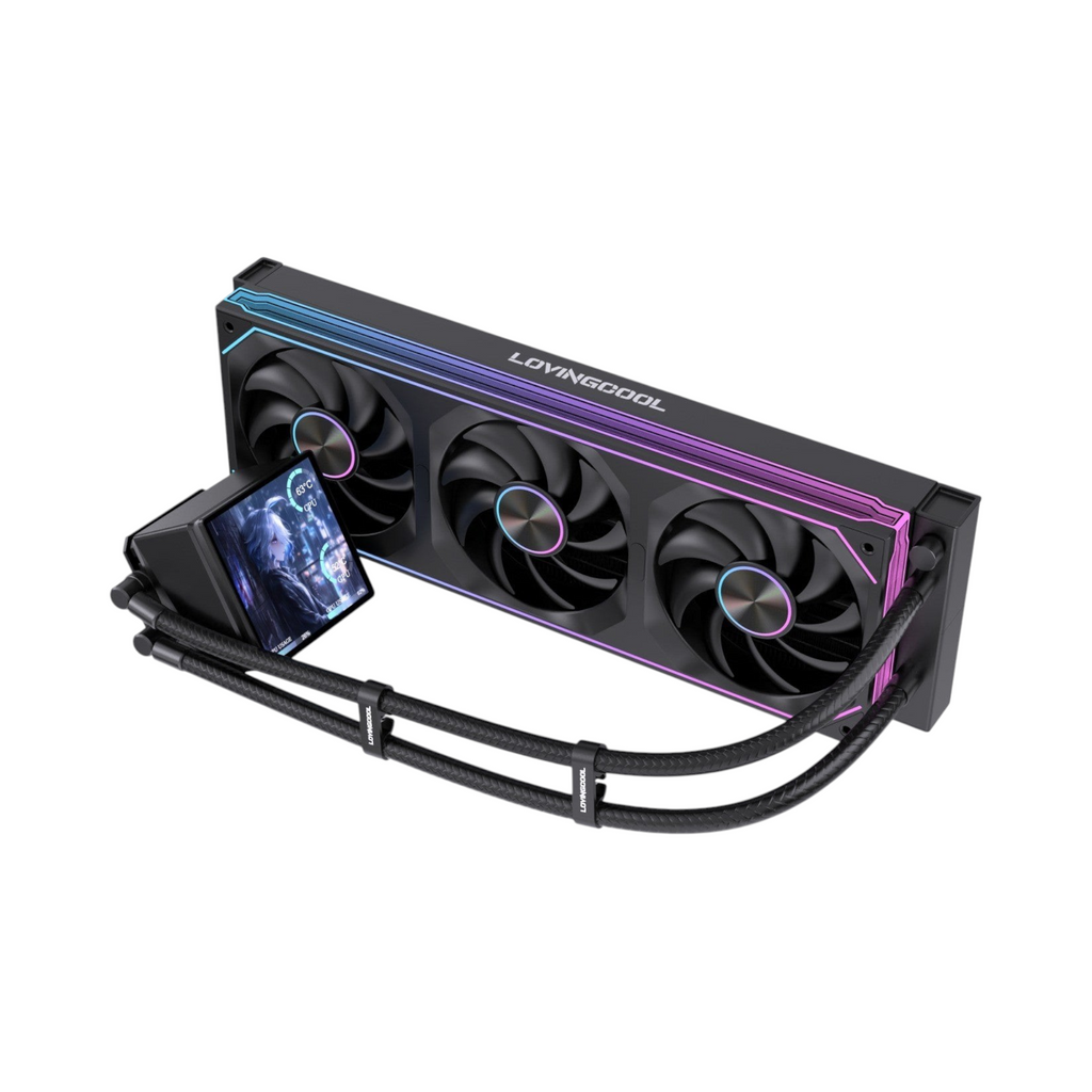 Oyuncu Baykuş LOVINGCOOL 360mm dijital ekranlı siyah sıvı soğutma sistemi, RGB fanlar ve özelleştirilebilir pompa bloğu