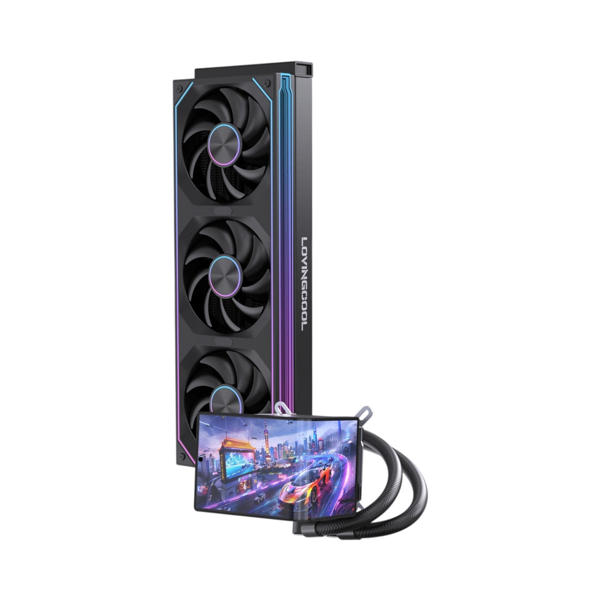 Oyuncu Baykuş LOVINGCOOL ekranlı üçlü fanlı RGB sıvı soğutma sistemi, siyah tasarım ve dijital gösterge paneli