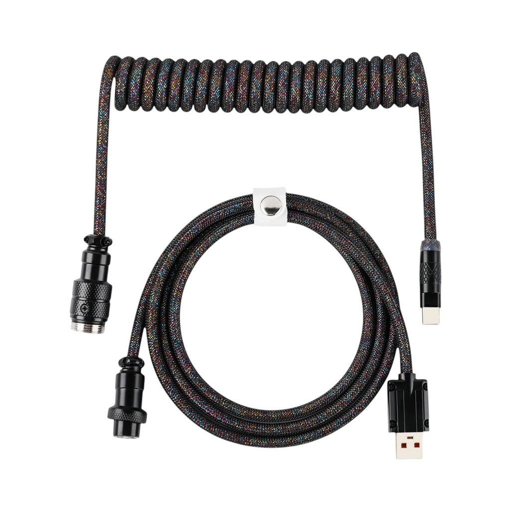 Oyuncu Baykuş örgülü sarmal mekanik klavye kablosu, siyah renkli, havacılık sınıfı metal konnektörlü USB-C kablo.