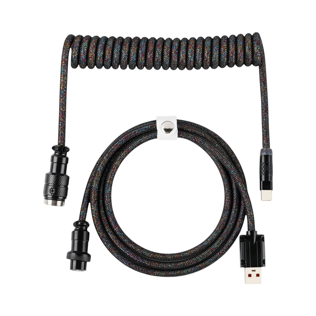 Oyuncu Baykuş örgülü sarmal mekanik klavye kablosu, siyah renkli, havacılık sınıfı metal konnektörlü USB-C kablo.